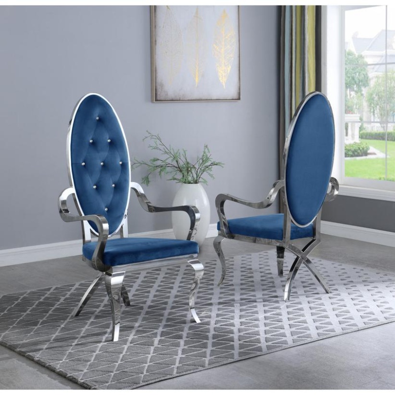 Classic 9Pc Dining Set W/Uph Tufted Side/Arm Chair, Glass Table W/ Silver Spiral Base, Navy Blue