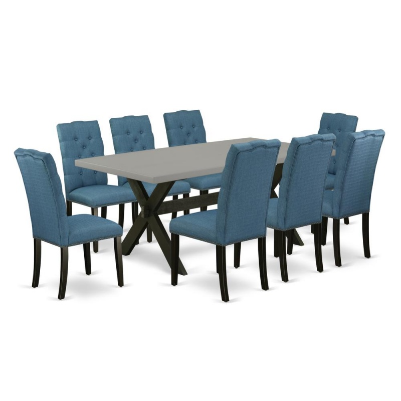 East West Furniture 9-Piece Stylish An Excellent Cement Color Kitchen Table Top And 8 Amazing Linen Fabric Kitchen Parson Chairs With Nail Heads And Button Tufted Chair Back, Wire Brushed Black Finish