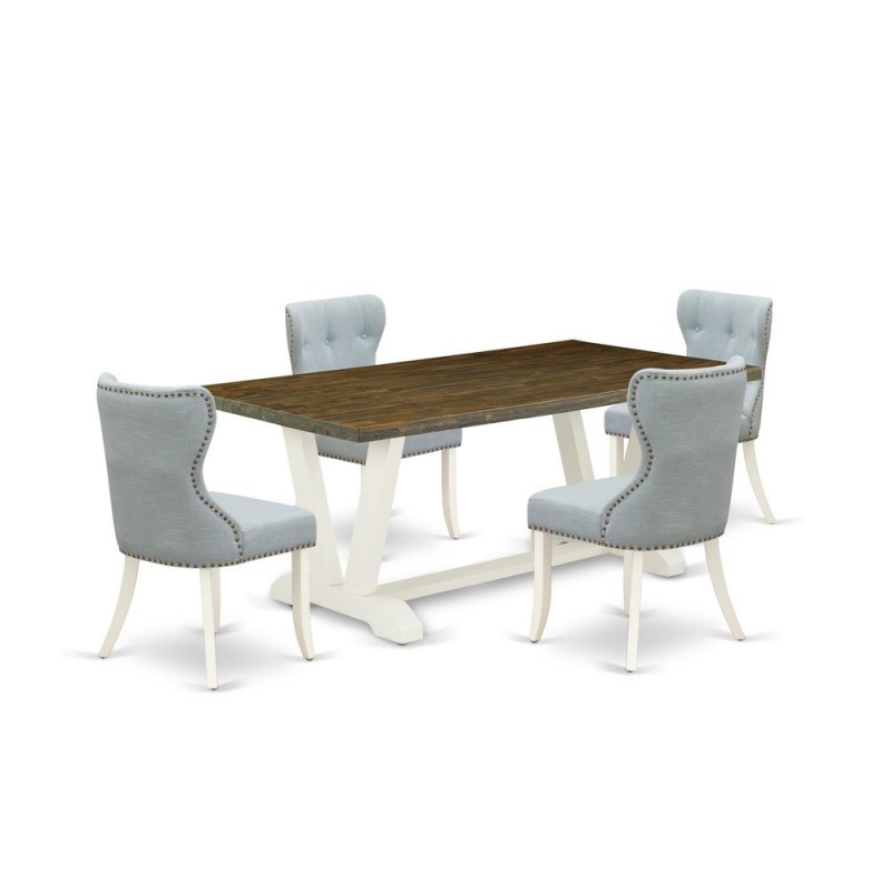 East West Furniture V077si215-5 5-Piece Modern Dining Set- 4 Dining Padded Chairs With Baby Blue Linen Fabric Seat And Button Tufted Chair Back - Rectangular Table Top & Wooden Legs - Distressed Jacob