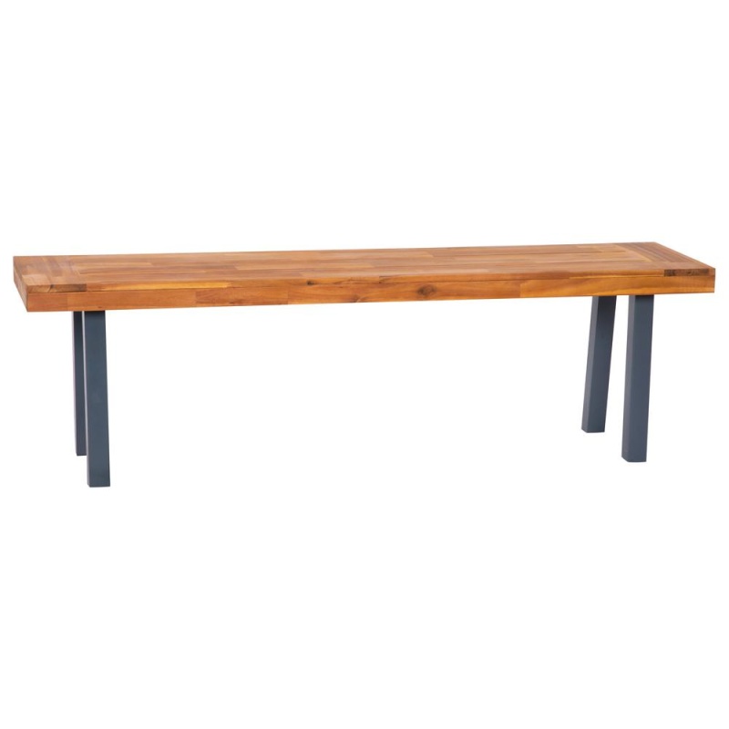 Martindale Solid Acacia Wood Patio Dining Bench For 2 With Slatted Top And Black Flared Wooden Legs In A Natural Finish
