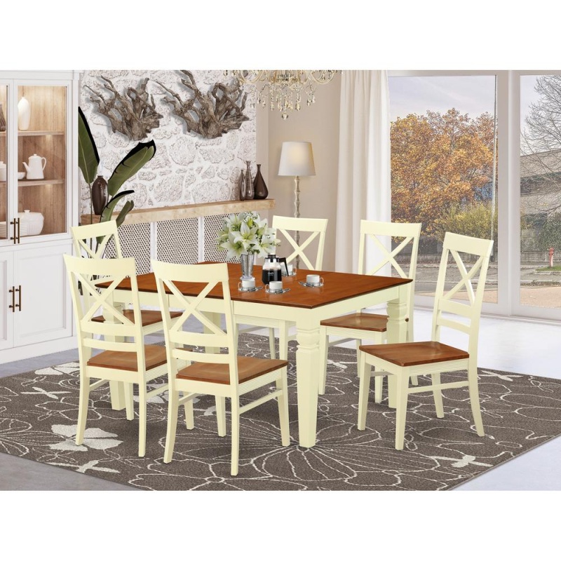 7 Pc Kitchen Table Set With A Dinning Table And 6 Wood Dining Chairs In Buttermilk And Cherry