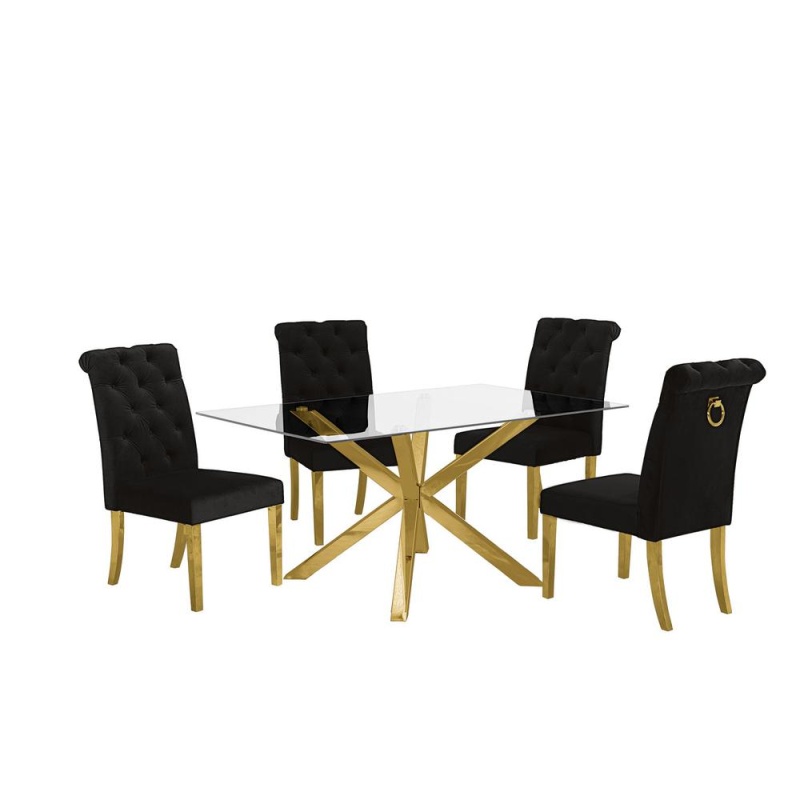 Contemporary 5Pc Dining Set, Glass Dining Table W/Stainless Steel Gold Base & Velvet Rolled Tufted Stainless Steel Leg Dining Chairs, Black