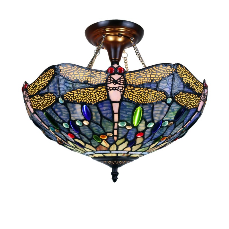 Chloe Lighting Sunniva Dragonfly Tiffany-Style Dark Bronze 2 Light Semi-Flush Ceiling Fixture 16" Wide