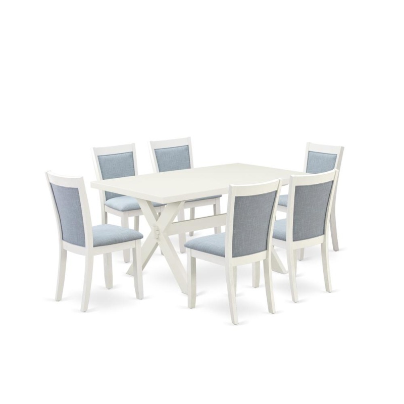 X026mz015-7 7-Piece Dining Table Set Contains A Wooden Table And 6 Baby Blue Dining Room Chairs - Wire Brushed Linen White Finish