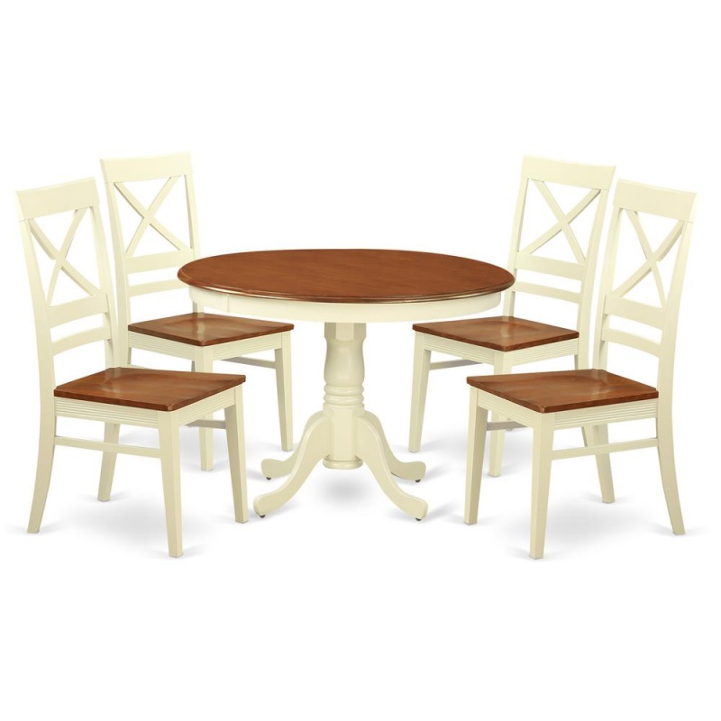 5 Pc Set With A Round Table And 4 Leather Kitchen Chairs In Buttermilk And Cherry