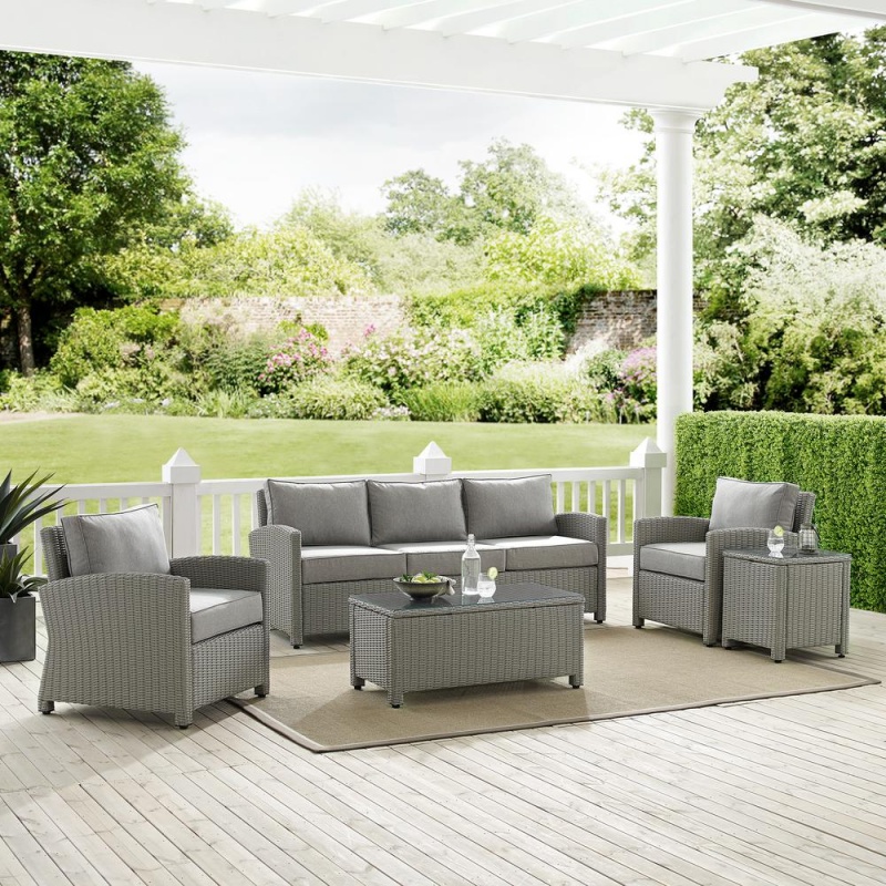 Bradenton 5Pc Outdoor Wicker Conversation Set Gray/Gray - Sofa, 2 Arm Chairs, Side Table, Glass Top Table