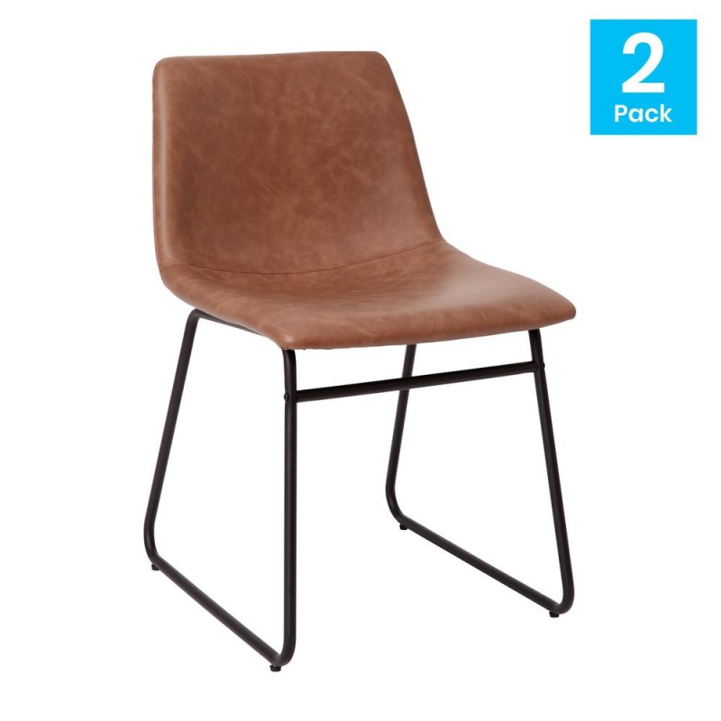 18 Inch Dining Table Height Chair, Mid-Back Sled Base Dining Chair In Light Brown Leathersoft With Black Frame, Set Of 2
