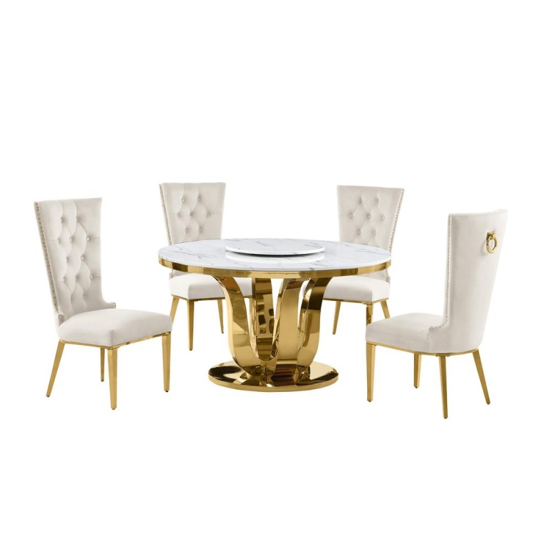 5Pc White Marble Round Dining Set With Gold Base And 4 Cream Side Chairs