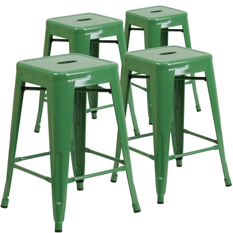 4 Pk. 24'' High Backless Green Metal Indoor-Outdoor Counter Height Stool With Square Seat