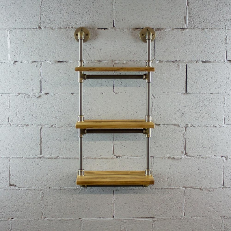3-Tiered Wall-Mounted Pipe Shelf Rack With Reclaimed Aged-Wood Finish