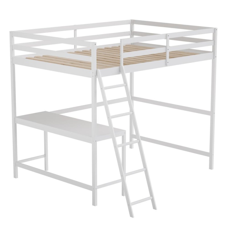 Loft Bed Frame With Desk, Full Size, White