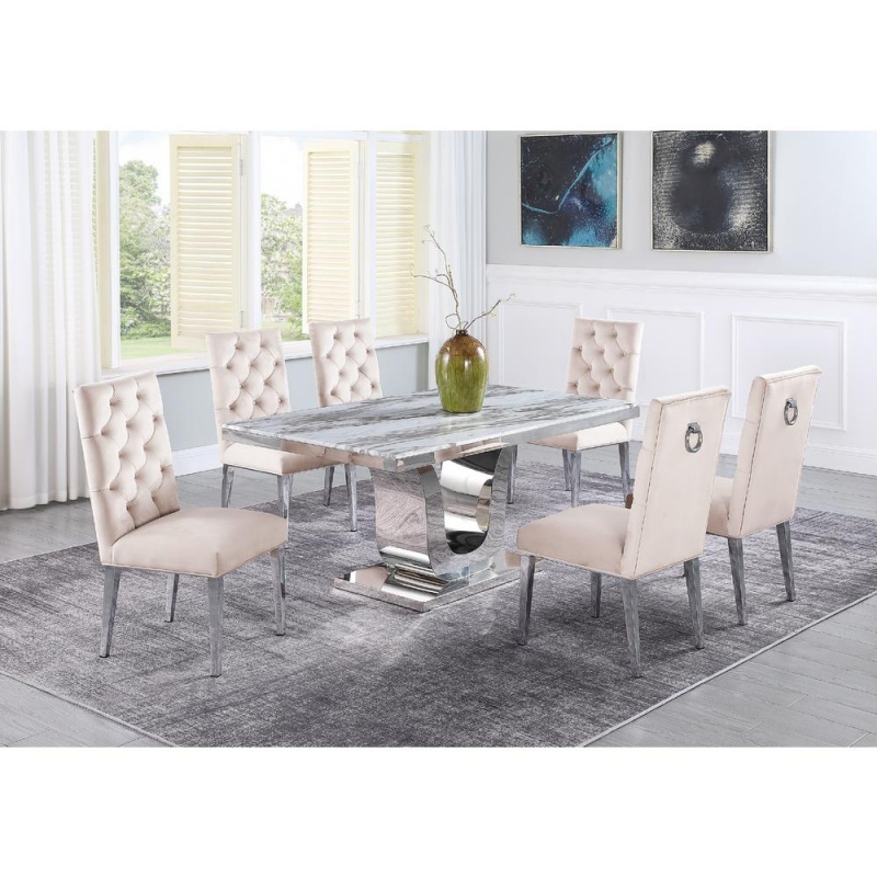 White Marble 7Pc Set Ring Chairs In Beige Velvet