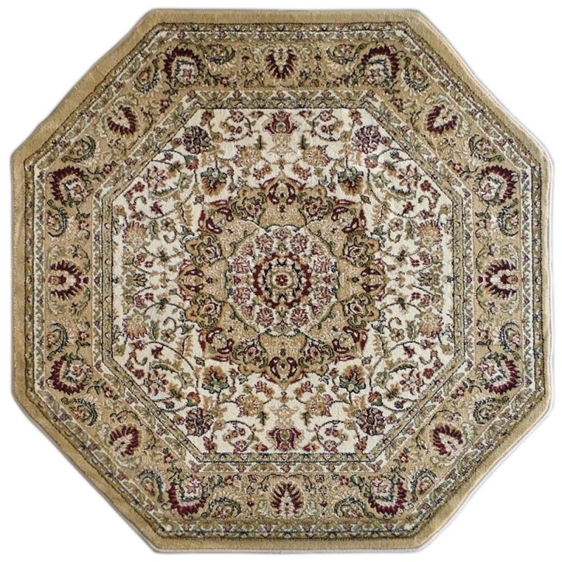 Mersin Collection Persian Style 4X4 Ivory Octagon Area Rug-Olefin Rug With Jute Backing-Hallway, Entryway, Bedroom, Living Room