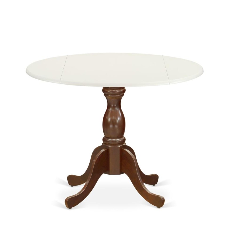 East West Furniture Modern Dining Table With Drop Leaves - Linen White Table Top And Mahogany Pedestal Leg Finish