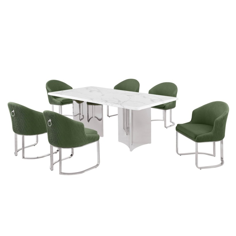 7-Piece Rectangular Dining Table Set with White Marble Top and Green Chairs