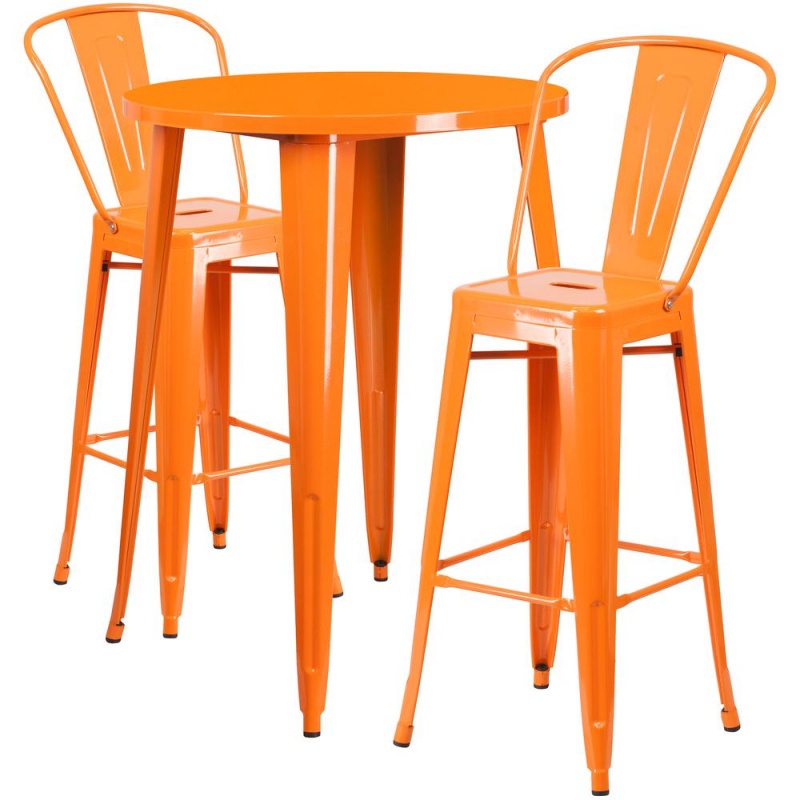 30'' Round Orange Metal Indoor-Outdoor Bar Table Set With 2 Cafe Stools