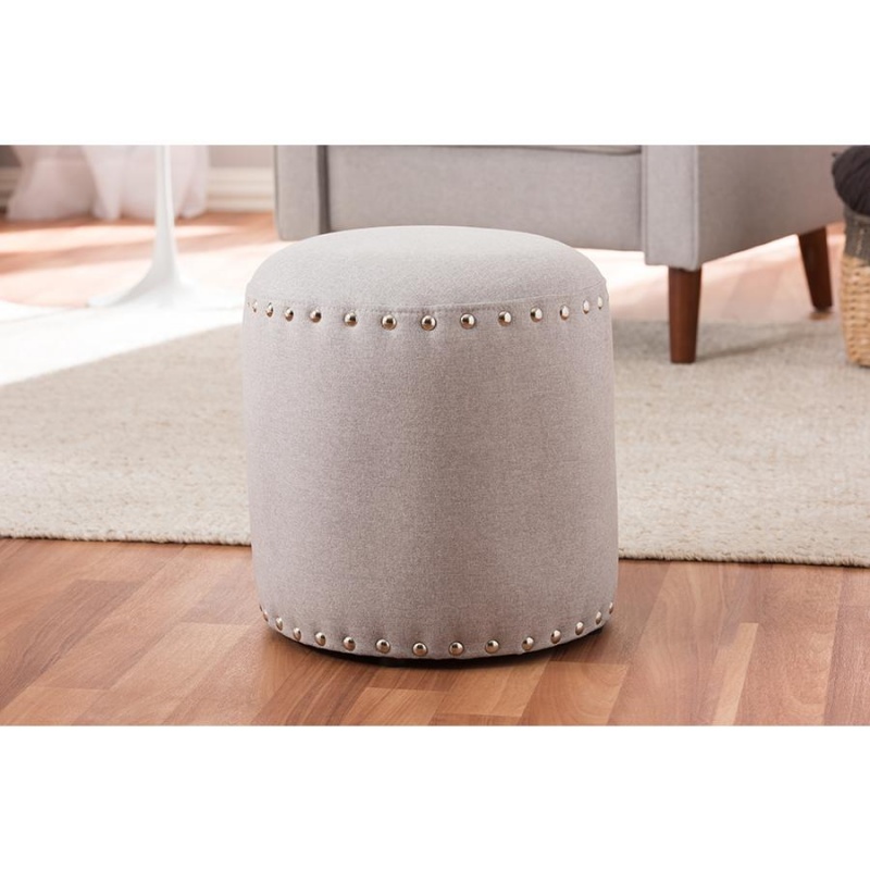 Rosine Modern And Contemporary Light Grey Fabric Upholstered Nail Trim Ottoman