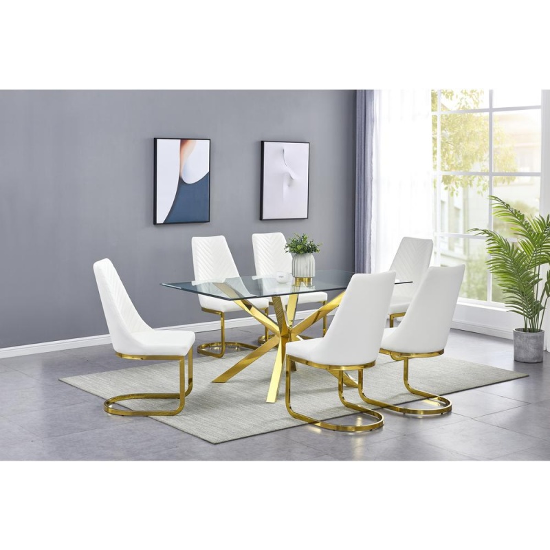 Rectangular Tempered Glass 7Pc Gold Set Chrome Chairs In White Faux Leather