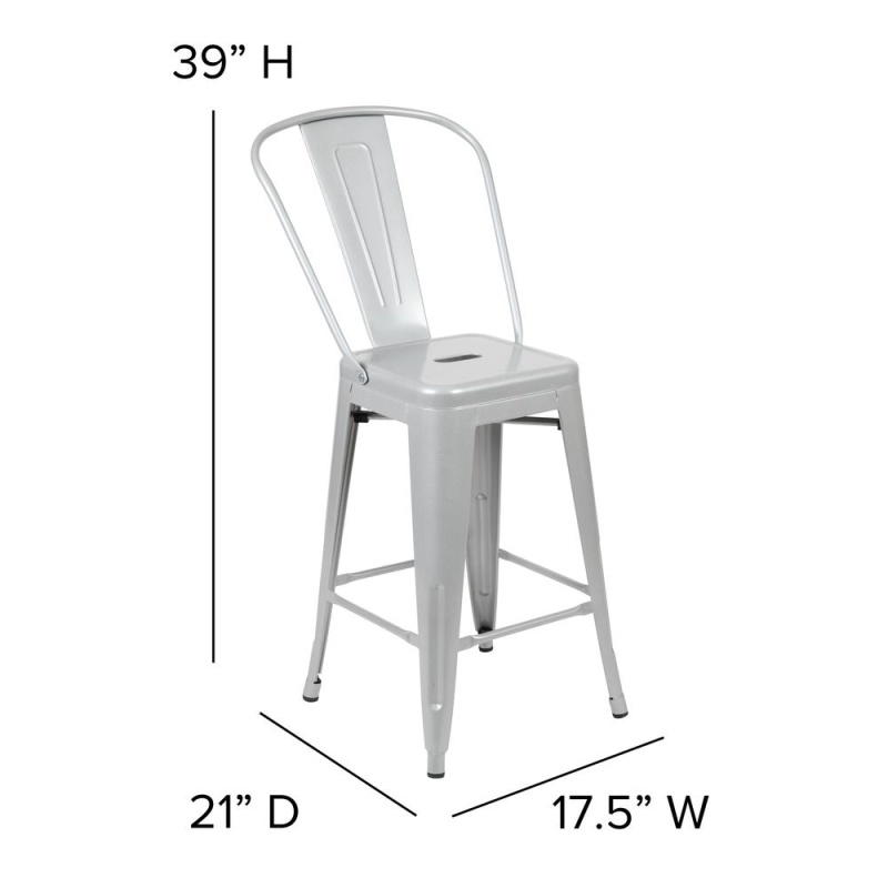Kai Commercial Grade 24" High Silver Metal Indoor-Outdoor Counter Height Stool With Removable Back And Square Gray All-Weather Poly Resin Seat