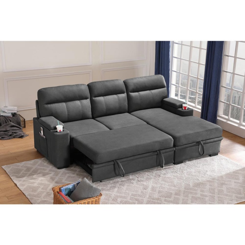 Kaden Gray Fabric Sleeper Sectional Sofa Chaise With Storage Arms And Cupholder