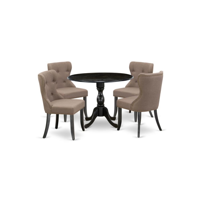 East West Furniture Dmsi5-Abk-48 5 Piece Kitchen Table Set Contains 1 Drop Leaves Dining Table And 4 Coffee Linen Fabric Dining Chairs Button Tufted Back With Nail Heads - Wire Brushed Black Finish
