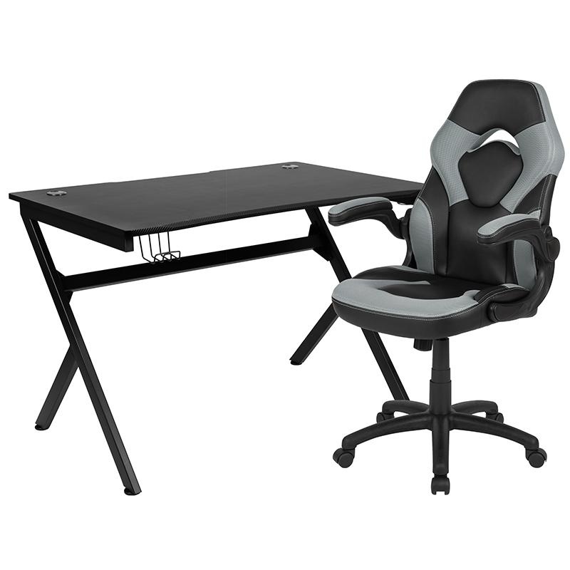 Black Gaming Desk And Gray/Black Racing Chair Set With Cup Holder, Headphone Hook & 2 Wire Management Holes
