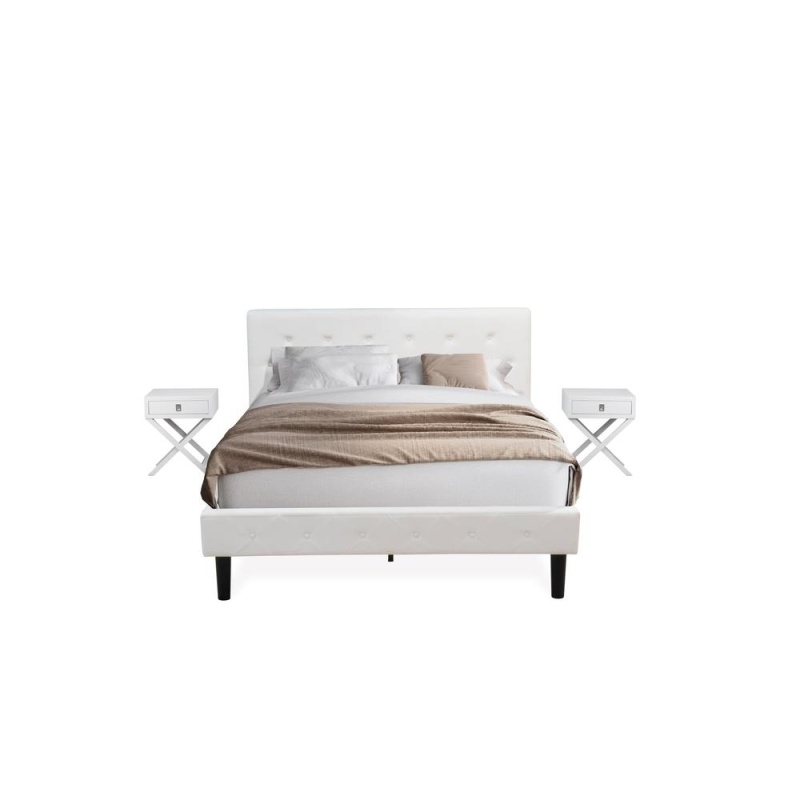 Nl19q-2Ha05 3 Pc Queen Bedroom Set - 1 Queen Bed White Velvet Fabric Headboard And 2 Wood Nightstand - White Finish Nightstand