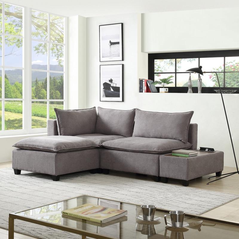 Madison Light Gray Fabric Sectional Loveseat Ottoman With Usb Storage Console Table