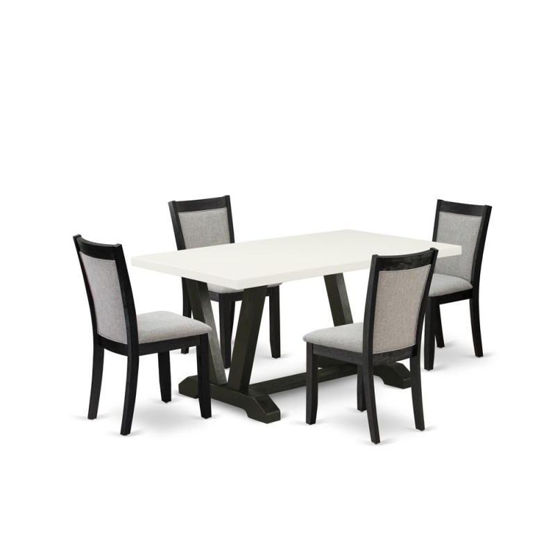 V626mz606-5 5 Piece Table Set - Linen White Kitchen Table With 4 Shitake Linen Fabric Parson Chairs - Wire Brushed Black Finish