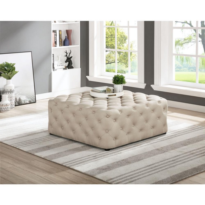 Best Master Furniture Kelly Square Transitional Linen Fabric Ottoman In Beige