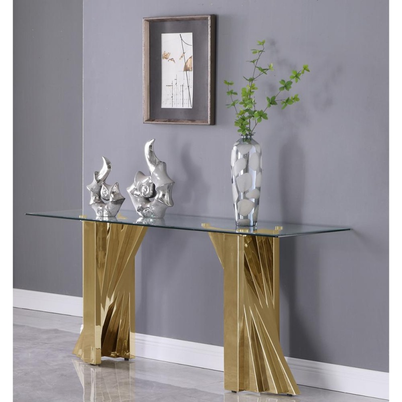 Glass Console Table With Stainless Steel Double Gold Base