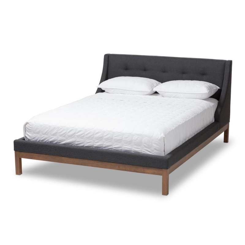 Louvain Modern And Contemporary Dark Grey Fabric Upholstered Walnut-Finished Queen Sized Platform Bed