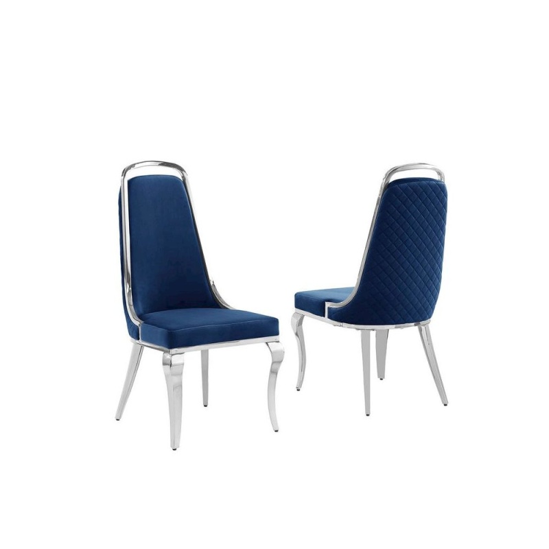 Navy Blue Velvet High Back Chair With Silver Chrome Trim, Set Of 2