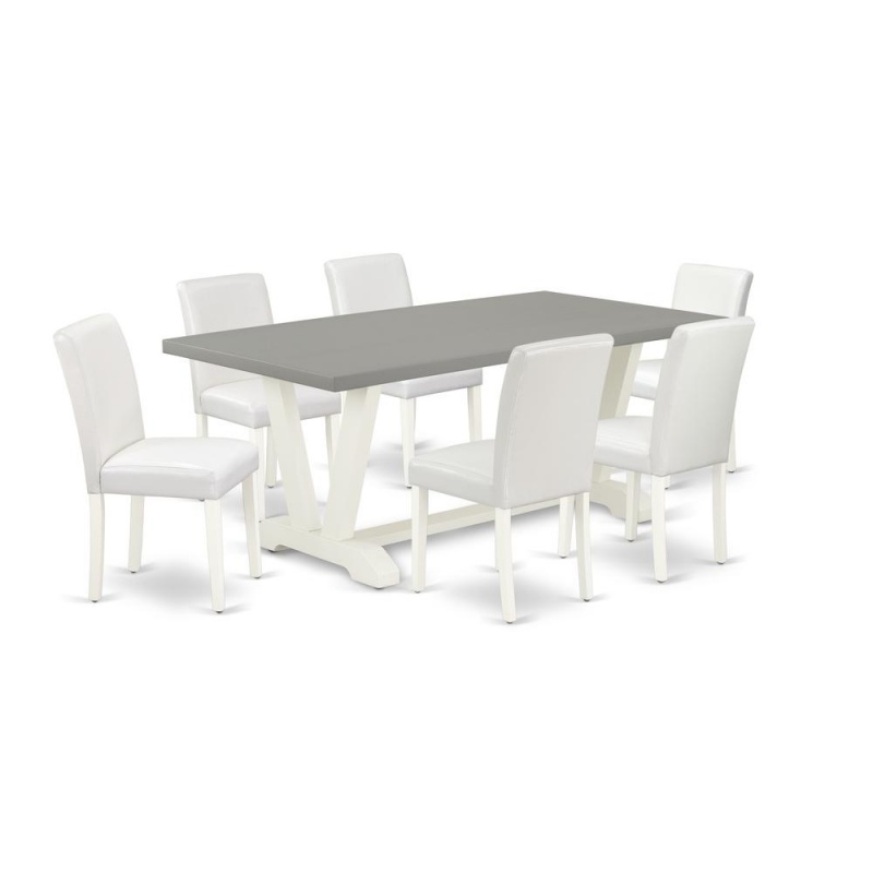 East West Furniture V097ab264-7 7-Piece Modern Dining Table Set An Excellent Cement Color Kitchen Table Top And 6 Stunning Pu Leather Parson Dining Chairs With Stylish Chair Back, Linen White Finish