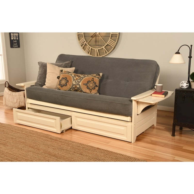 Phoenix Frame Antique White Finish with Marmont Thunder Mattress and Storage Drawers