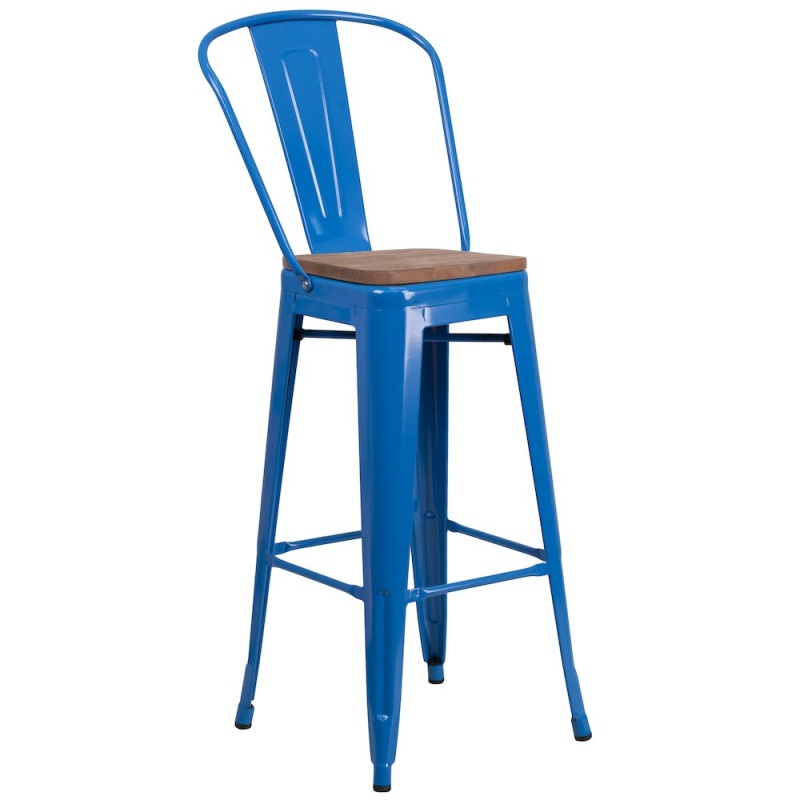 30" High Blue Metal Barstool With Back And Wood Seat
