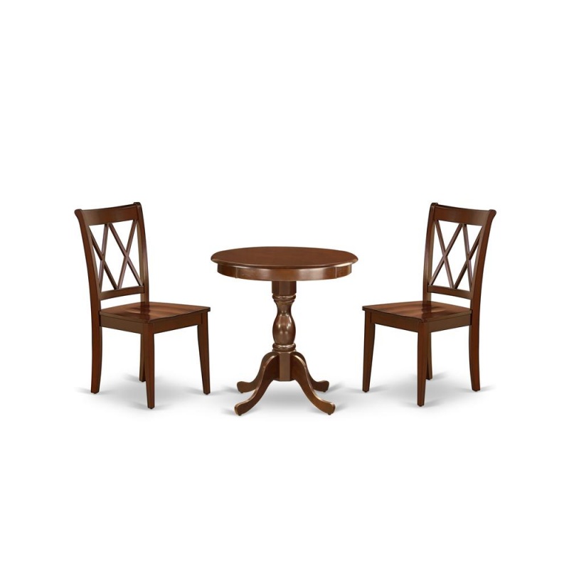 East West Furniture - Escl3-Mah-C - 3-Pc Dining Room Table Set - 2 Mid Century Cushion Seat Chairs - 1 Dining Room Table (Mahogany Finish)