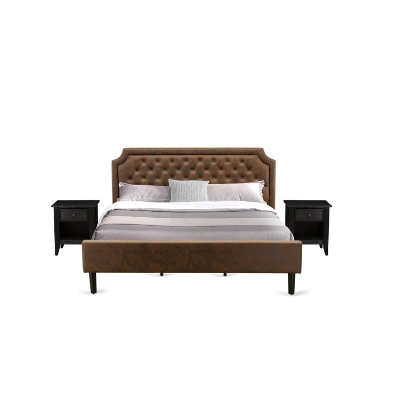 Gb25k-2Ga06 3-Pc Bedroom Set With Bed And 2 Wire Brushed Black End Tables For Bedroom - Dark Brown Faux Leather And Black Legs