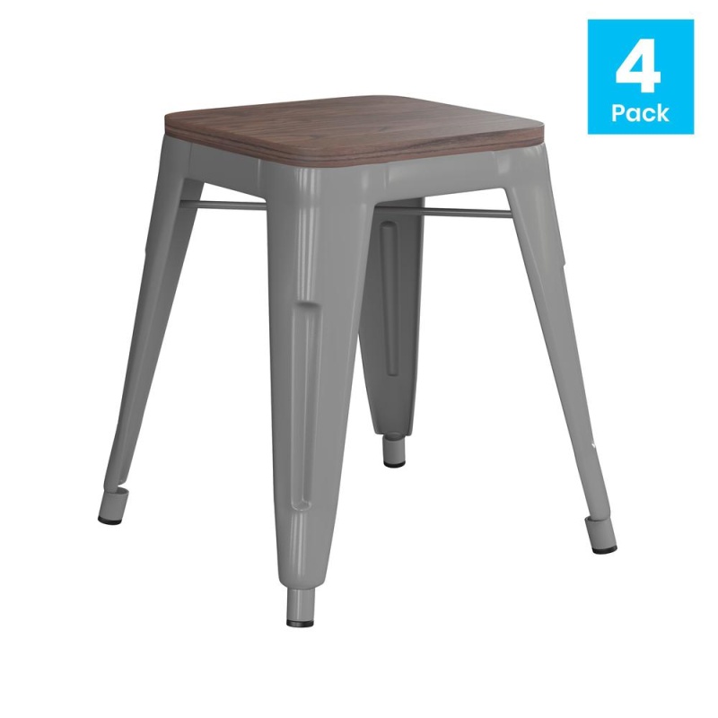 18" Backless Table Height Stool With Wooden Seat, Stackable Silver Metal Indoor Dining Stool, Commercial Grade - Set Of 4