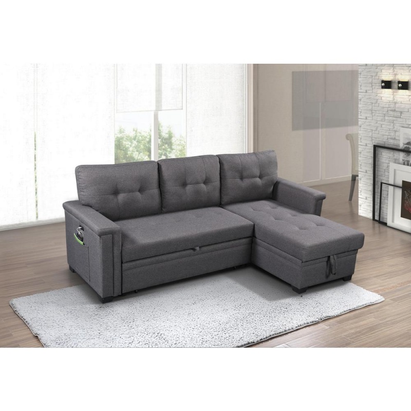 Ashlyn Dark Gray Reversible Sleeper Sectional Sofa With Storage Chaise, Usb Charging Ports And Pocket