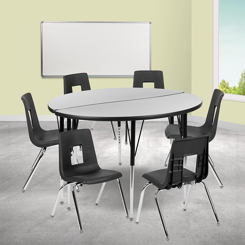 47.5" Circle Wave Collaborative Laminate Activity Table Set With 18" Student Stack Chairs, Grey/Black