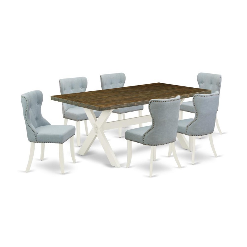 East West Furniture X077si215-7 7-Pc Dining Room Set- 6 Parson Chairs With Baby Blue Linen Fabric Seat And Button Tufted Chair Back - Rectangular Table Top & Wooden Cross Legs - Distressed Jacobean An