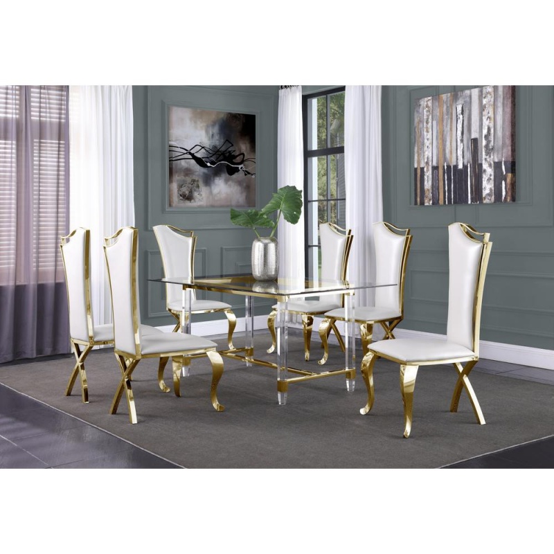 Acrylic Glass 7Pc Gold Set Stainless Steel Highback Chairs In White Faux Leather