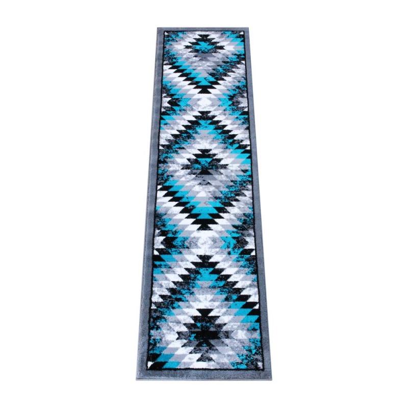 Teagan Collection Southwestern 2' X 7' Turquoise Area Rug - Olefin Rug With Jute Backing - Entryway, Living Room, Bedroom