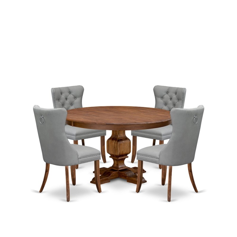 5-Pc Mid Century Dining Set with Round Table and 4 Light Gray Parson Chairs