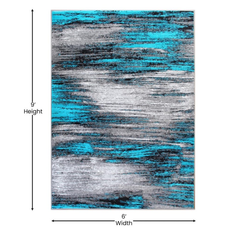 Rylan Collection 6' X 9' Turquoise Abstract Area Rug-Olefin Rug With Jute Backing For Hallway, Entryway, Bedroom, Living Room