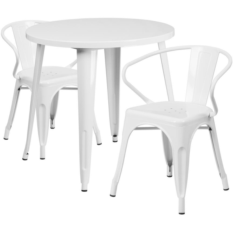 30'' Round White Metal Indoor-Outdoor Table Set With 2 Arm Chairs