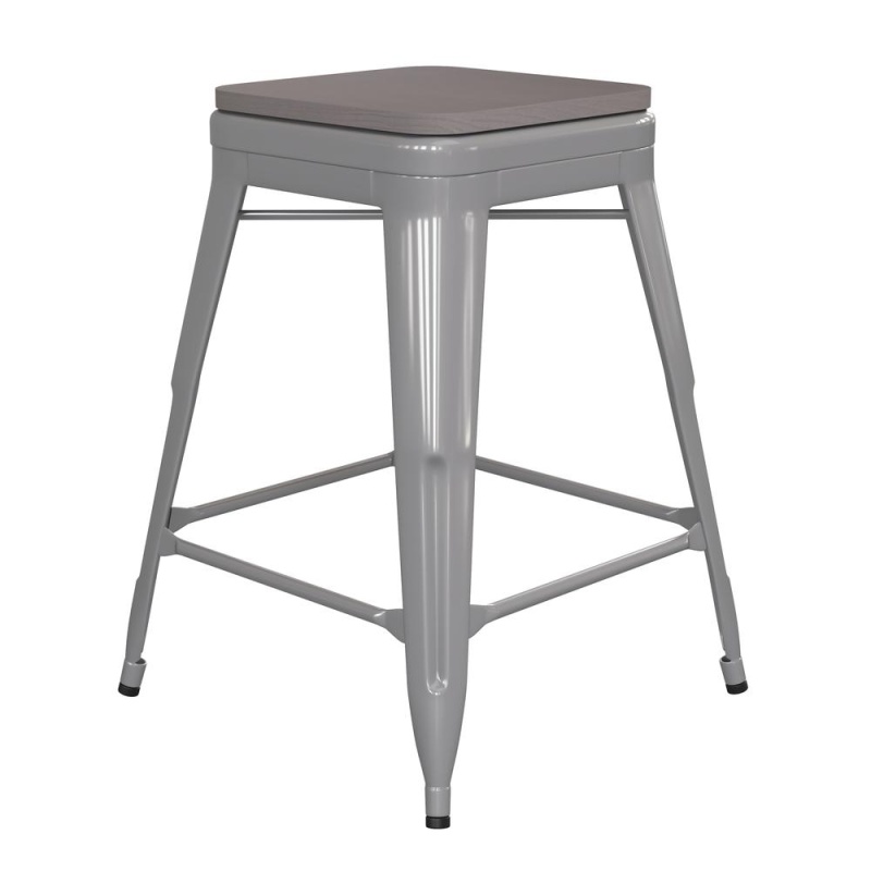 24" High Silver Metal Indoor-Counter Height Stool With Gray Poly Resin Wood Seat