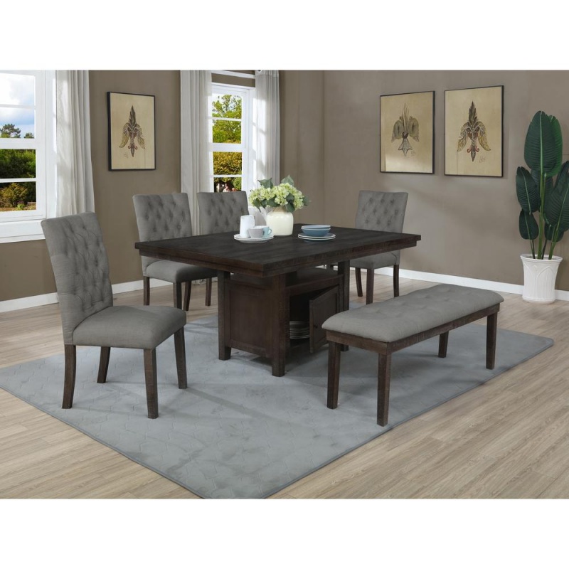 6Pc Dining Set W/Uph Bench And Chairs Tufted & Table W/Storage, Grey