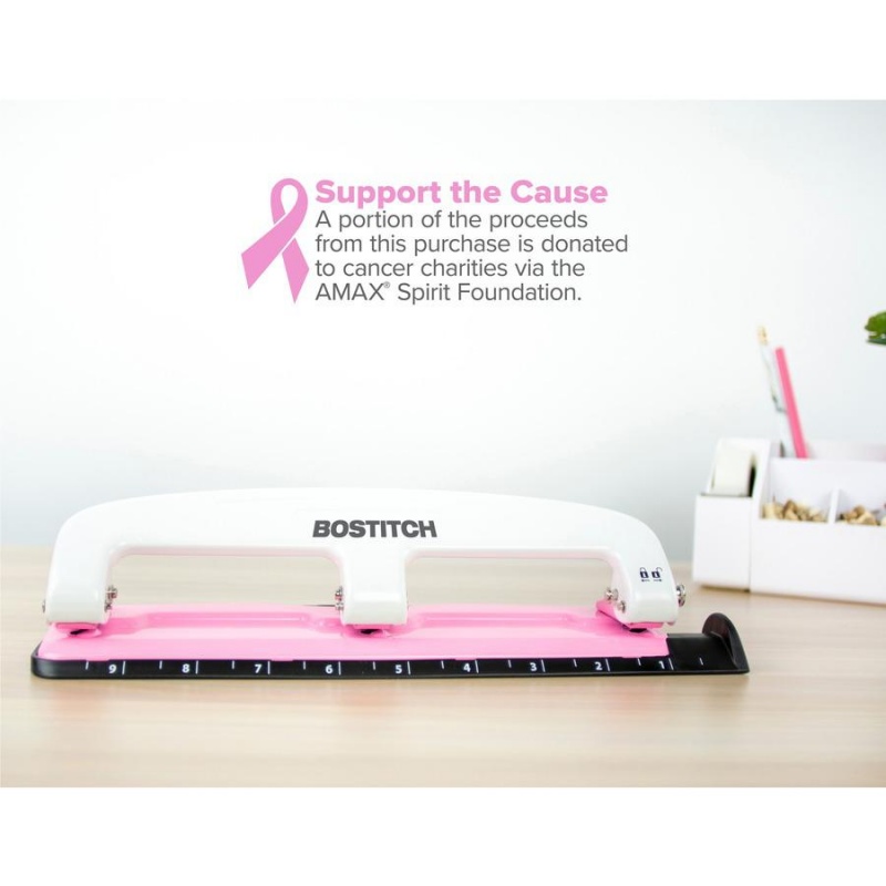 Bostitch Ez Squeeze™ Incourage 12 Three-Hole Punch - 3 Punch Head(S) - 12 Sheet - 9/32" Punch Size - Round Shape - 3" X 1.6" - Pink, White